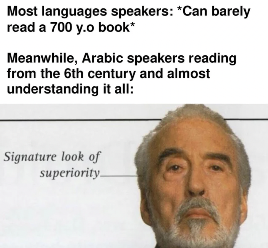 photo caption - Most languages speakers Can barely read a 700 y.o book Meanwhile, Arabic speakers reading from the 6th century and almost understanding it all Signature look of superiority.