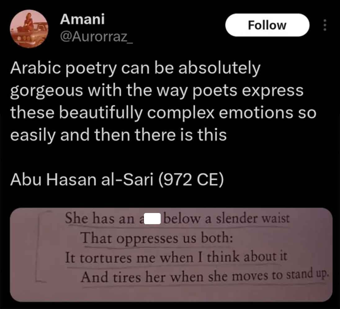 Arabic poetry - Amani Arabic poetry can be absolutely gorgeous with the way poets express these beautifully complex emotions so easily and then there is this Abu Hasan alSari 972 Ce She has an below a slender waist That oppresses us both It tortures me wh