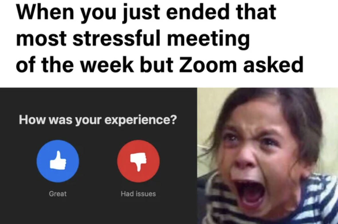 girl cry meme - When you just ended that most stressful meeting of the week but Zoom asked How was your experience? Great Had issues