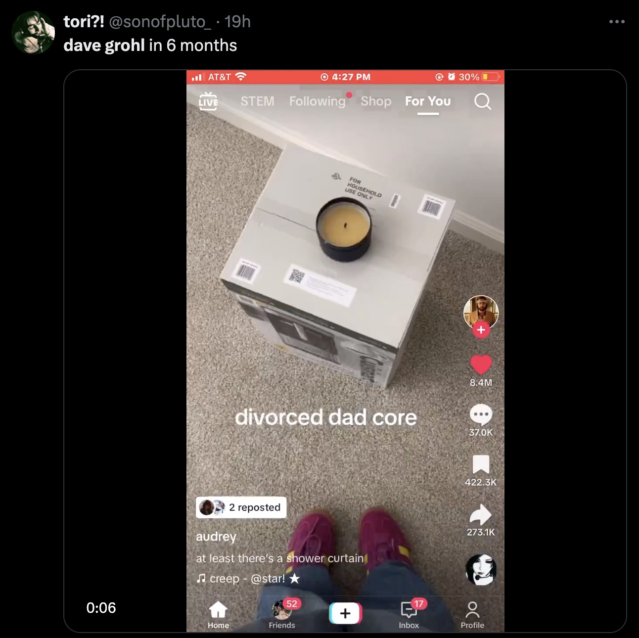 screenshot - tori?! 19h dave grohl in 6 months At&T Live Stem O ing Shop For You 30% For Household Use Only I 8.4M divorced dad core 2 reposted audrey at least there's a shower curtain creep ! 52 17 Inbox Home Friends Profile ...