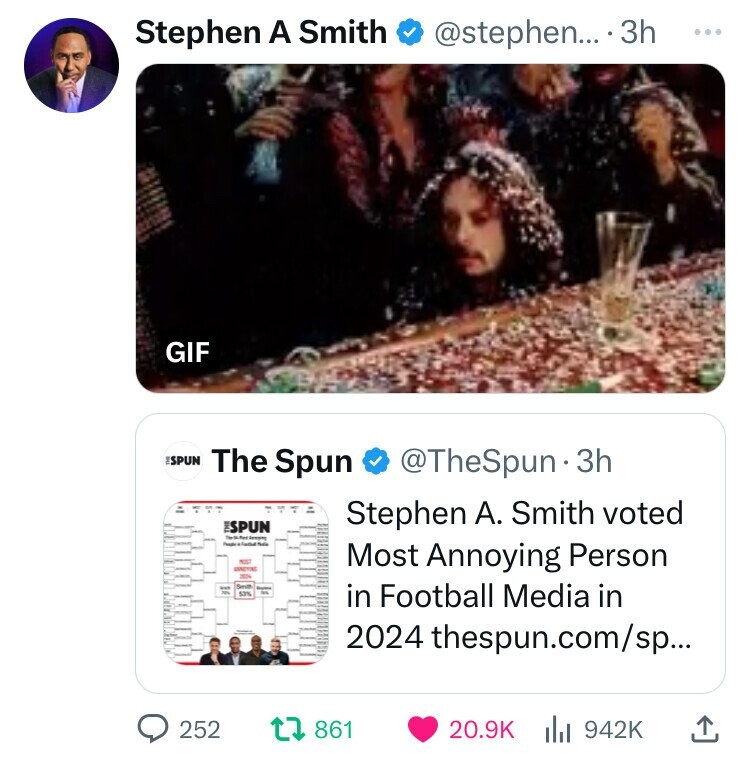 media - Stephen A Smith .... 3h Gif Espun The Spun 3h Espun Stephen A. Smith voted Most Annoying Person in Football Media in 2024 thespun.comsp... 252 t 861