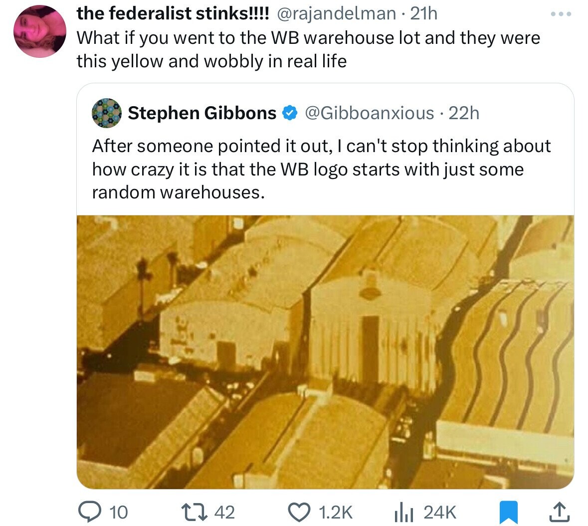 screenshot - the federalist stinks!!!! 21h What if you went to the Wb warehouse lot and they were this yellow and wobbly in real life Stephen Gibbons 22h After someone pointed it out, I can't stop thinking about how crazy it is that the Wb logo starts wit