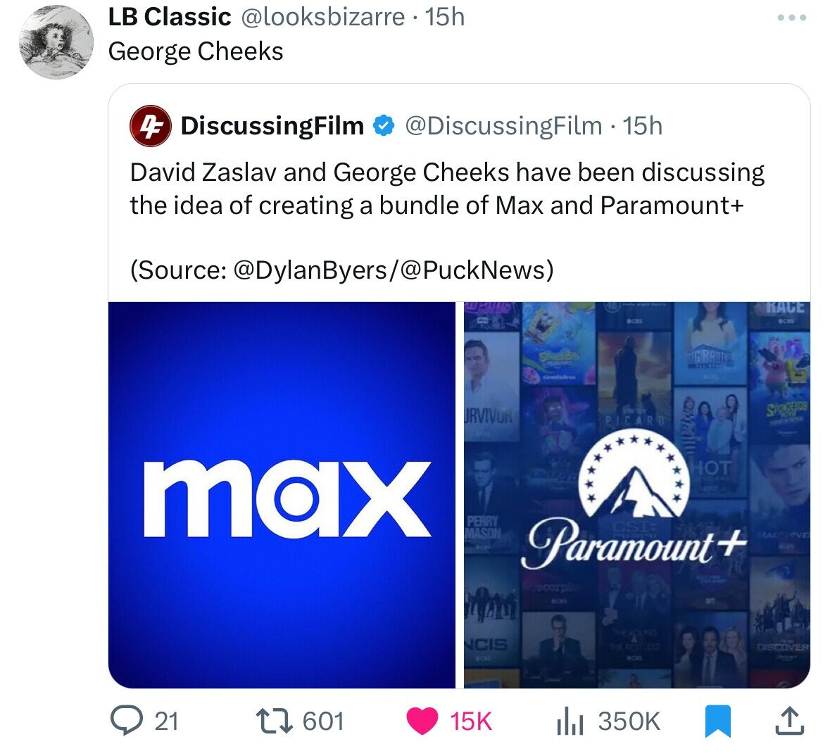 screenshot - Lb Classic 15h George Cheeks 4 DiscussingFilm 15h David Zaslav and George Cheeks have been discussing the idea of creating a bundle of Max and Paramount Source Byers Ig Brot max Urvivor Perry Mason Unitex Picard Hot Paramount scorpie 8085 Nci