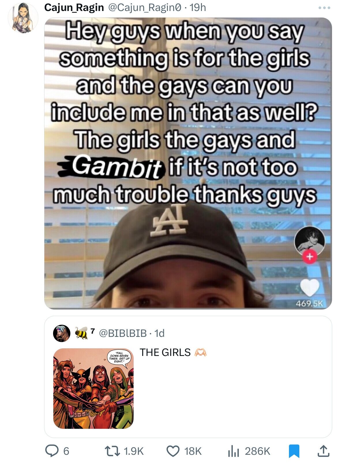 girls gays and coleman - Cajun Ragin 19h Hey guys when you say something is for the girls and the gays can you include me in that as well? The girls the gays and Gambit if it's not too much trouble thanks guys A 7 . 1d