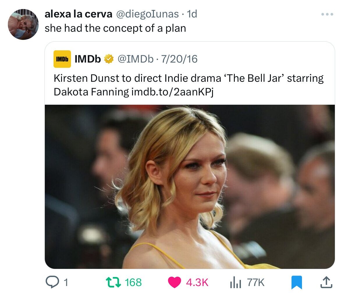 screenshot - alexa la cerva 1d she had the concept of a plan IMDb IMDb 72016 Kirsten Dunst to direct Indie drama 'The Bell Jar' starring Dakota Fanning imdb.to2aanKPj 1 t168 | 77K