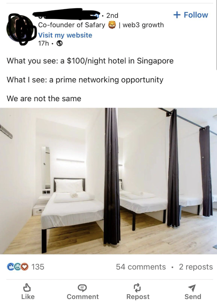 Sleep - 2nd Cofounder of Safary | web3 growth Visit my website 17h. What you see a $100night hotel in Singapore What I see a prime networking opportunity We are not the same Cgo 135 54 2 reposts Comment Repost Send P