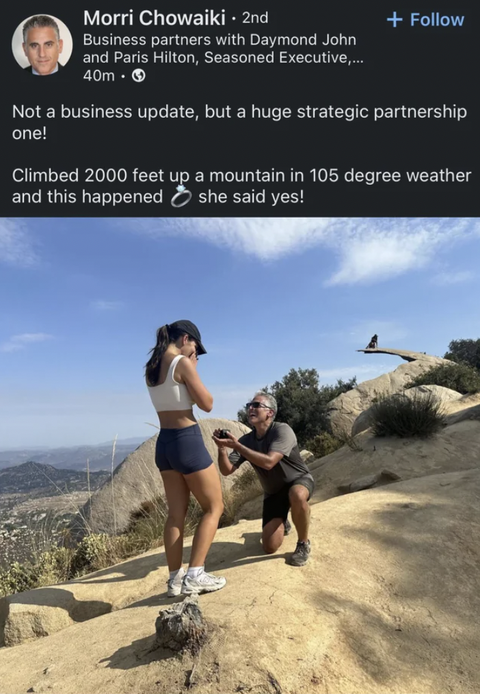 dog hiking - Morri Chowaiki 2nd Business partners with Daymond John and Paris Hilton, Seasoned Executive,... 40m > Not a business update, but a huge strategic partnership one! Climbed 2000 feet up a mountain in 105 degree weather and this happened she sai