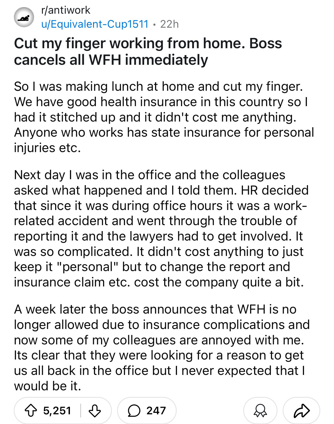 document - rantiwork uEquivalentCup1511 22h Cut my finger working from home. Boss cancels all Wfh immediately So I was making lunch at home and cut my finger. We have good health insurance in this country so I had it stitched up and it didn't cost me anyt