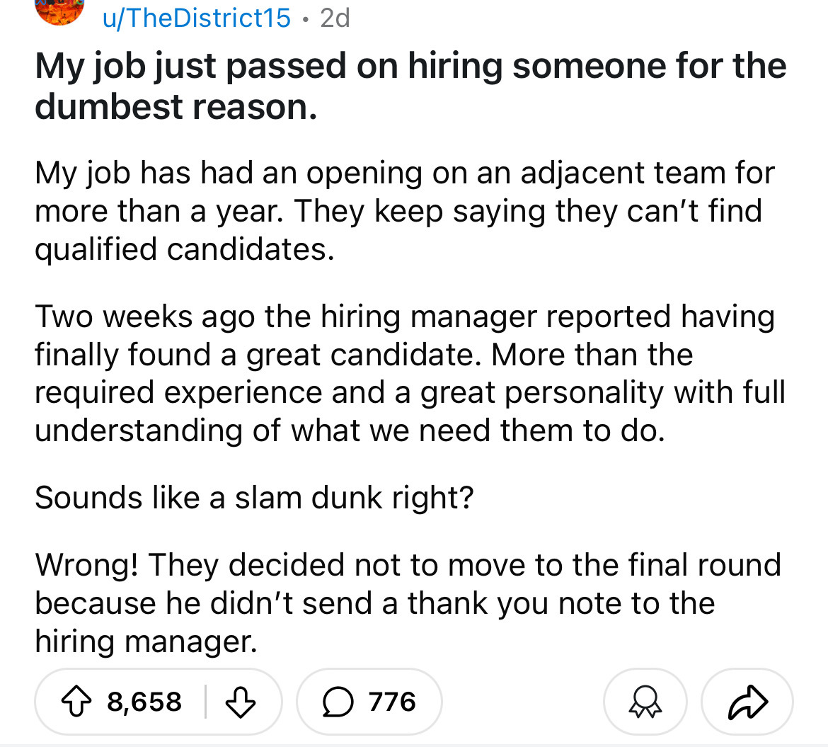 screenshot - uTheDistrict15. 2d My job just passed on hiring someone for the dumbest reason. My job has had an opening on an adjacent team for more than a year. They keep saying they can't find. qualified candidates. Two weeks ago the hiring manager repor