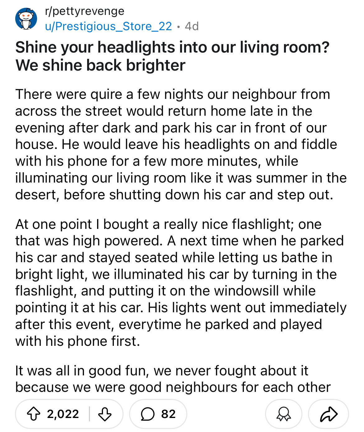 document - rpettyrevenge uPrestigious_Store_22. 4d Shine your headlights into our living room? We shine back brighter There were quire a few nights our neighbour from across the street would return home late in the evening after dark and park his car in f