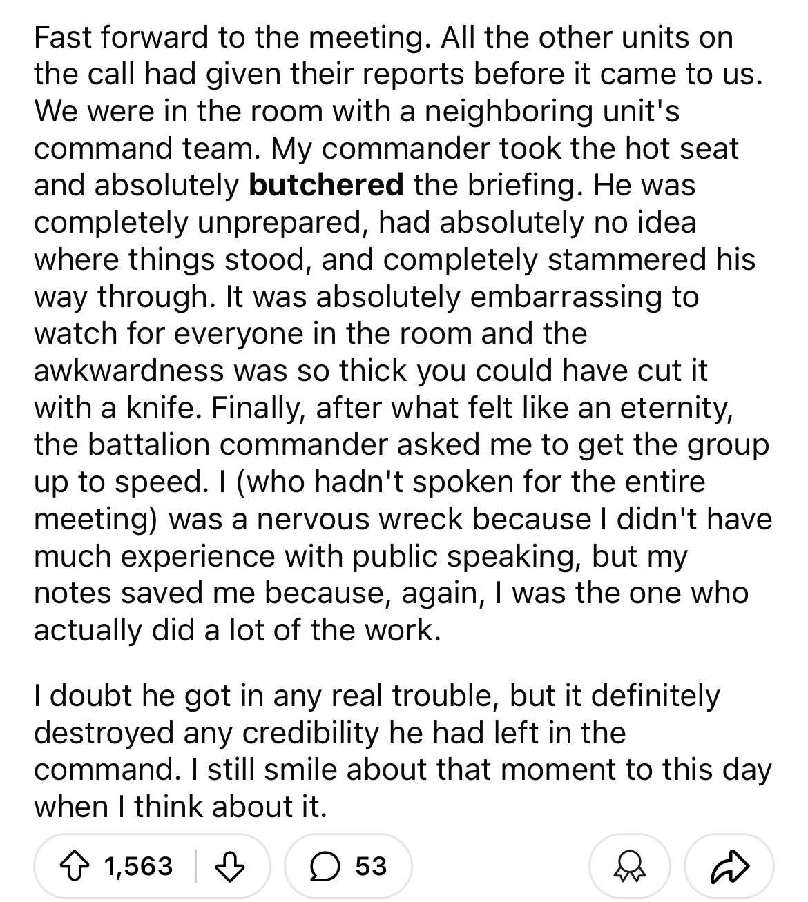 document - Fast forward to the meeting. All the other units on the call had given their reports before it came to us. We were in the room with a neighboring unit's command team. My commander took the hot seat and absolutely butchered the briefing. He was 