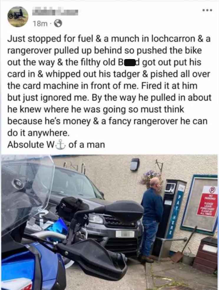 Filthy, old, rich guy pees on a rural Scottish fuel pay station.