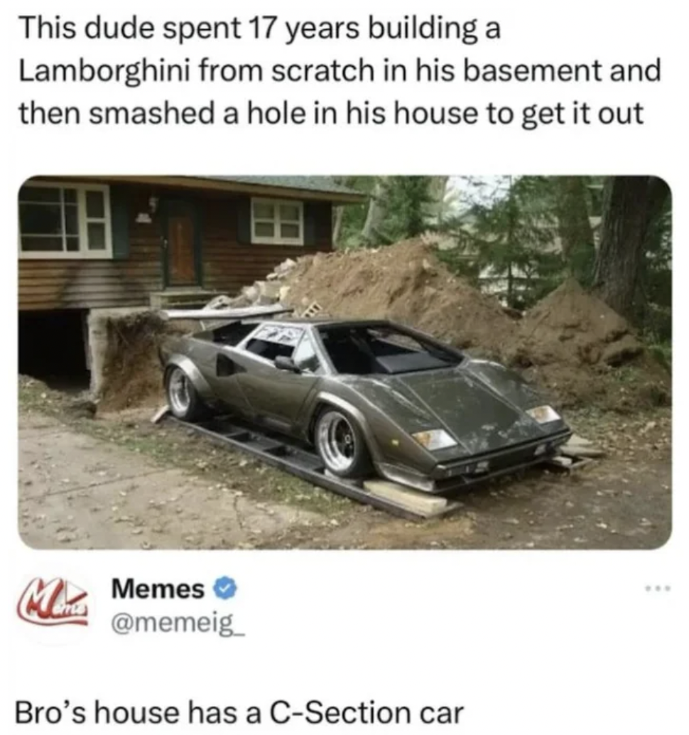 man builds lamborghini in basement - This dude spent 17 years building a Lamborghini from scratch in his basement and then smashed a hole in his house to get it out M Memes Bro's house has a CSection car