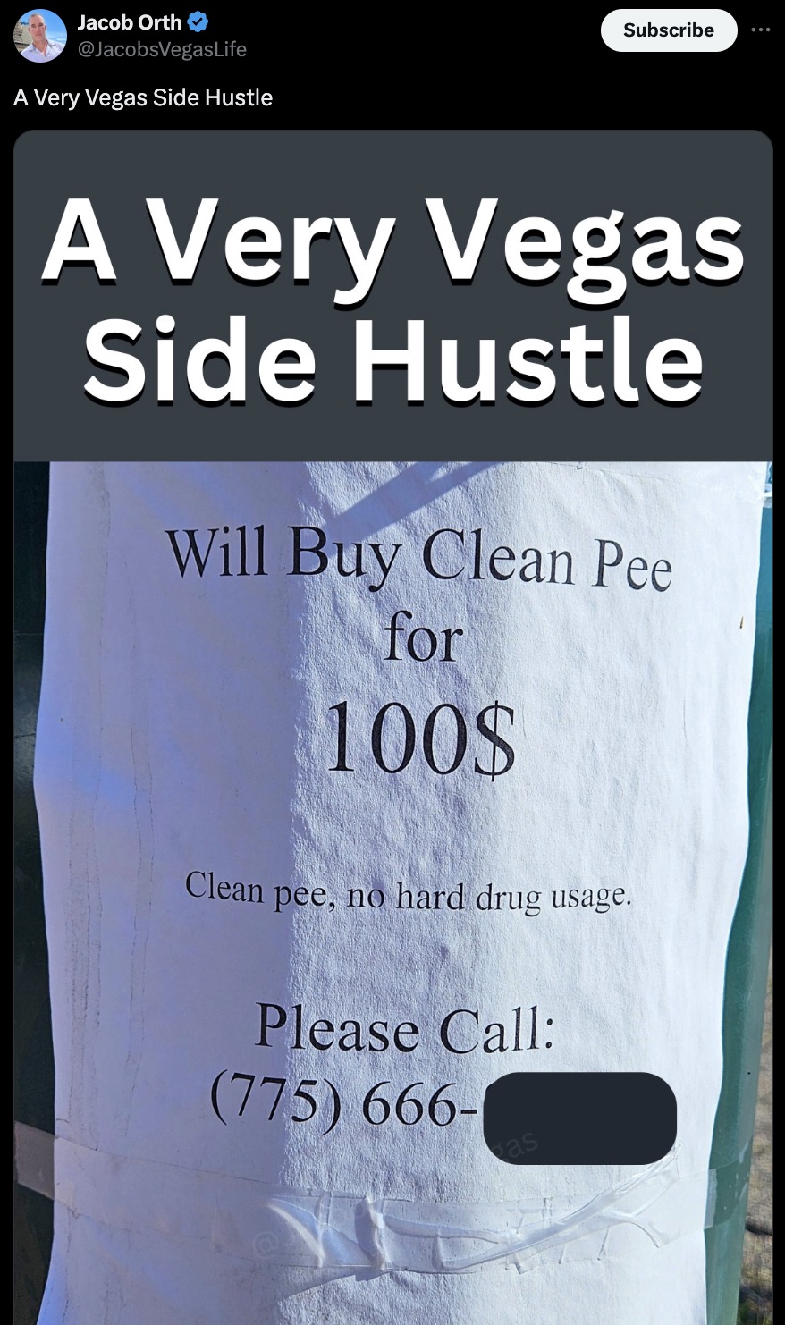 screenshot - Jacob Orth A Very Vegas Side Hustle Subscribe A Very Vegas Side Hustle Will Buy Clean Pee for 100$ Clean pee, no hard drug usage. Please Call 775 666 as