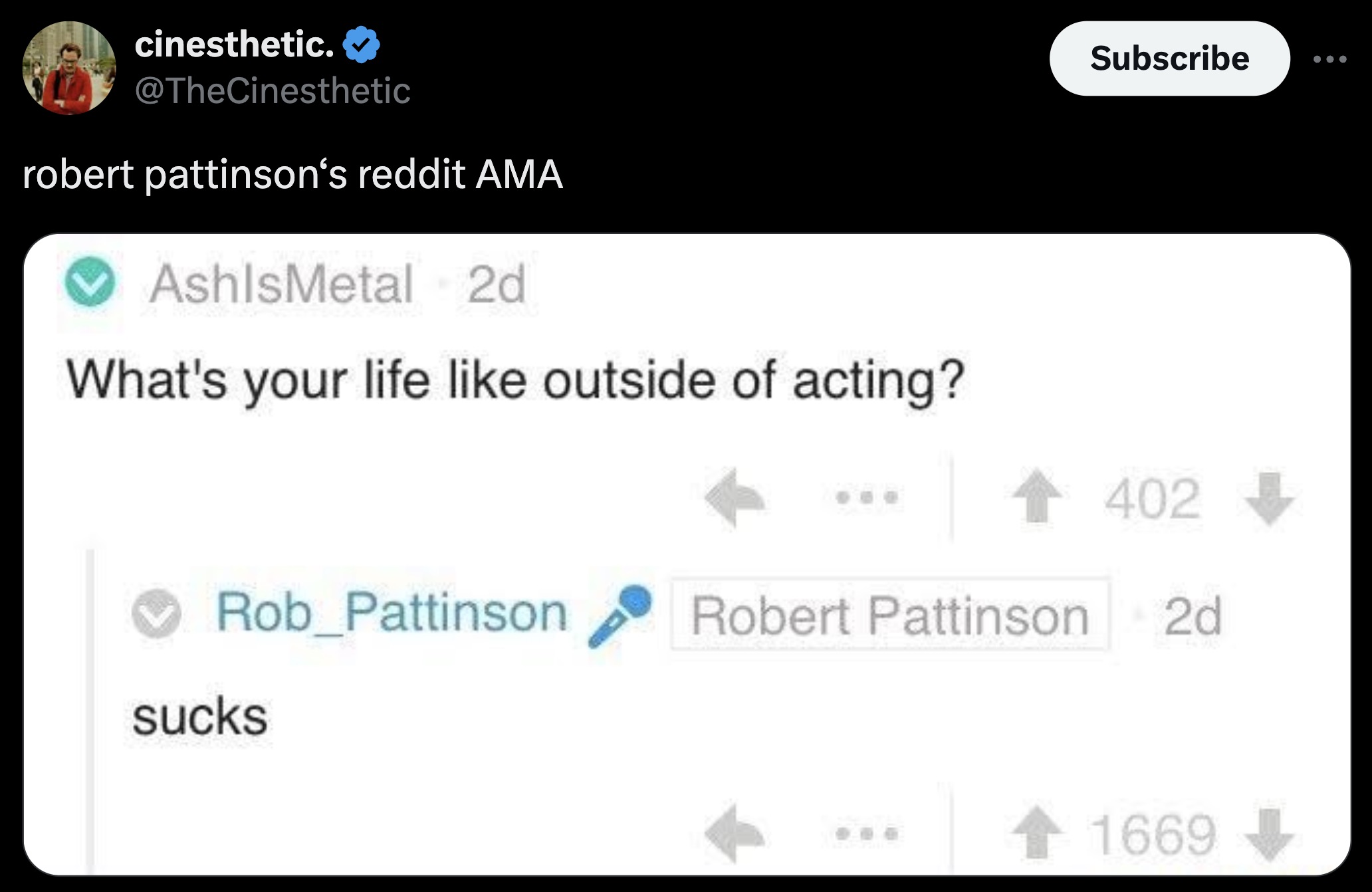 screenshot - cinesthetic. robert pattinson's reddit Ama AshlsMetal 2d What's your life outside of acting? Subscribe 1402 Rob Pattinson Robert Pattinson 2d sucks 1669