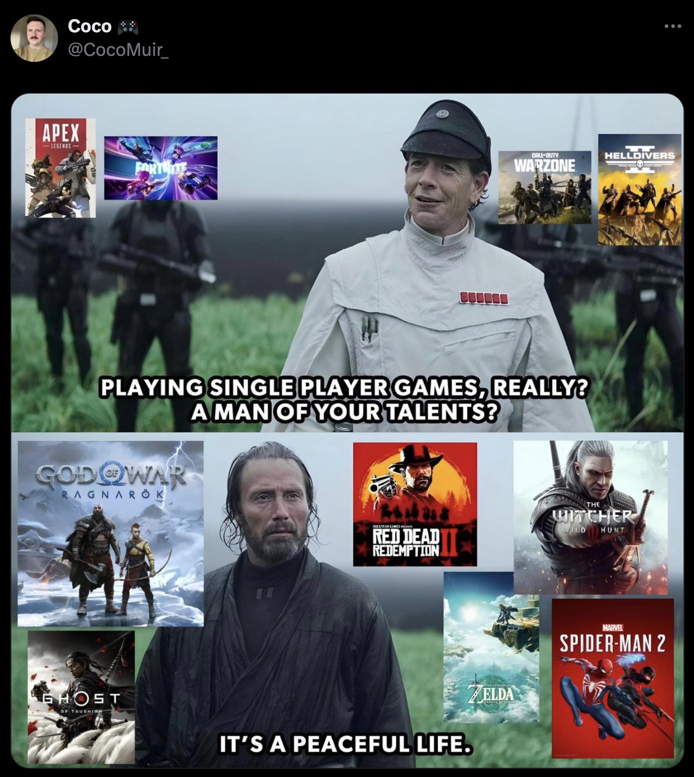 single player games a man of your talents - Coco Apex Helldivers Warzone Playing Single Player Games, Really? A Man Of Your Talents? Godowar Ragnarok Witcher Red Dead Redemption SpiderMan 2 Ghost Zelda It'S A Peaceful Life.