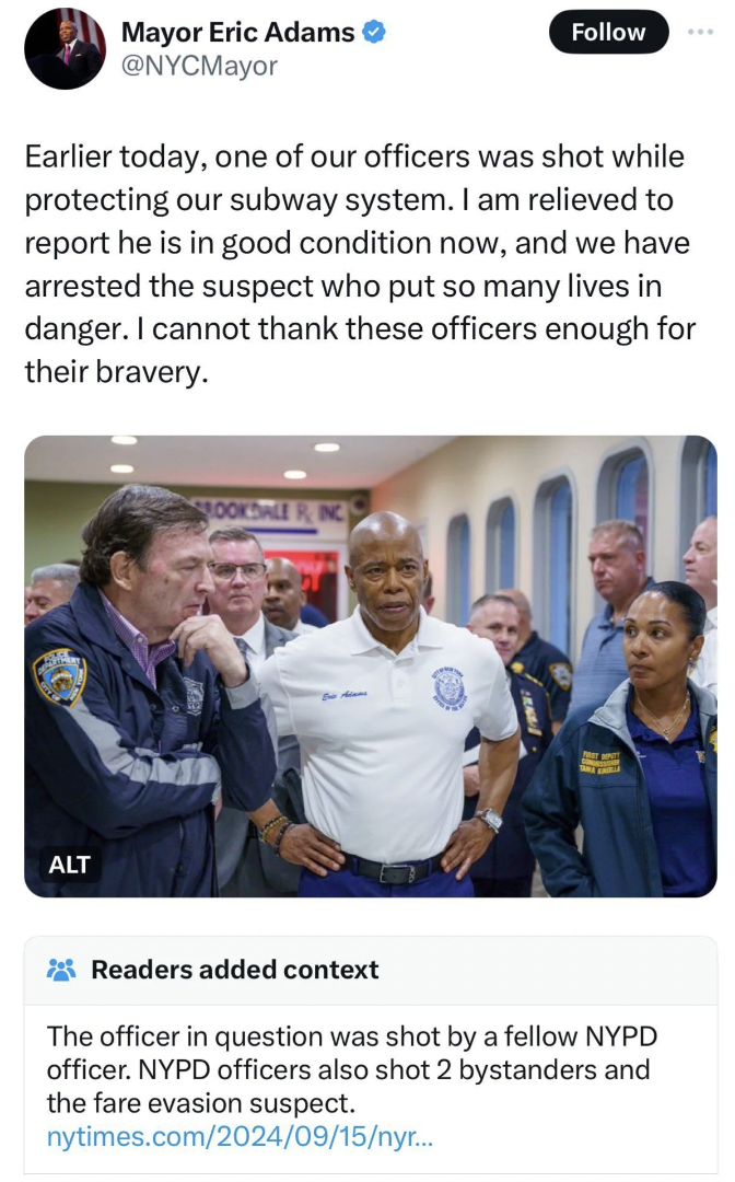 police officer - Mayor Eric Adams Earlier today, one of our officers was shot while protecting our subway system. I am relieved to report he is in good condition now, and we have arrested the suspect who put so many lives in danger. I cannot thank these o