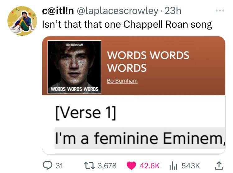 screenshot - c!n . 23h Isn't that that one Chappell Roan song Bo Burnham Words Words Words Words Words Words Bo Burnham Verse 1 I'm a feminine Eminem, 31 17 3,678