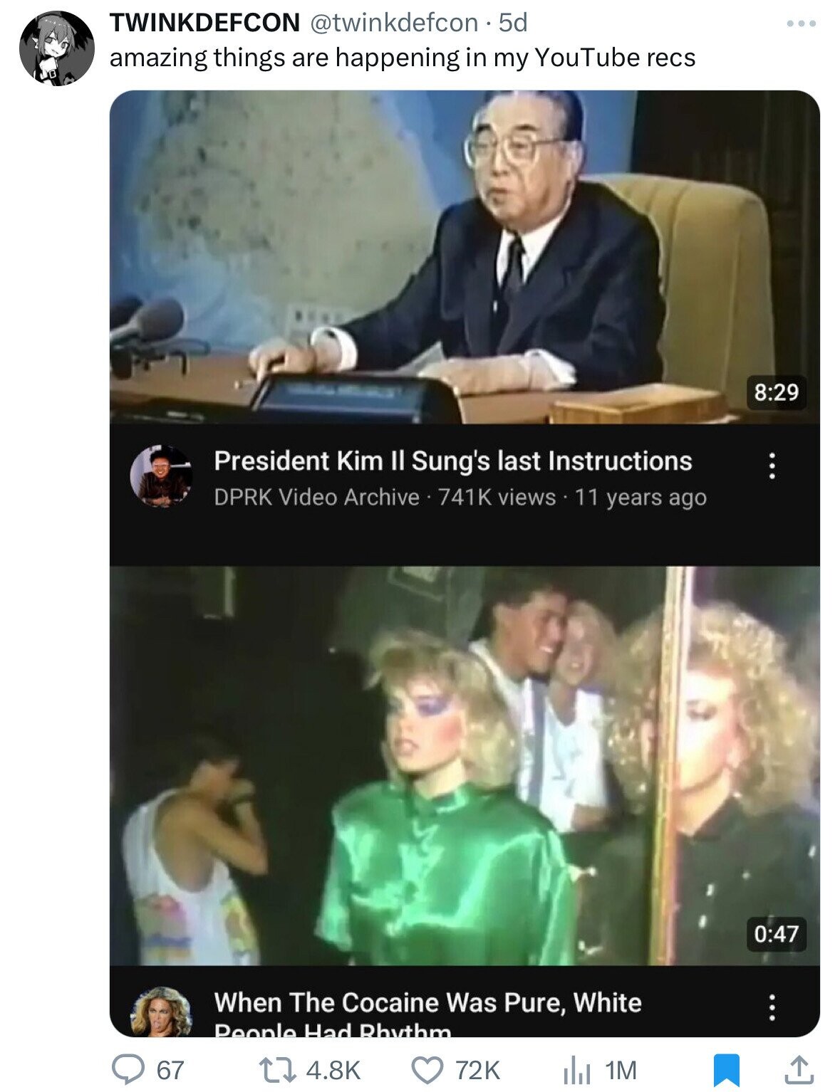 photo caption - Twinkdefcon 5d amazing things are happening in my YouTube recs 67 President Kim Il Sung's last Instructions Dprk Video Archive views 11 years ago When The Cocaine Was Pure, White People Had Rhythm. 72K ili 1M