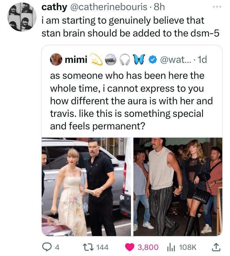 screenshot - cathy 8h i am starting to genuinely believe that stan brain should be added to the dsm5 mimi .... 1d as someone who has been here the whole time, i cannot express to you how different the aura is with her and travis. this is something special