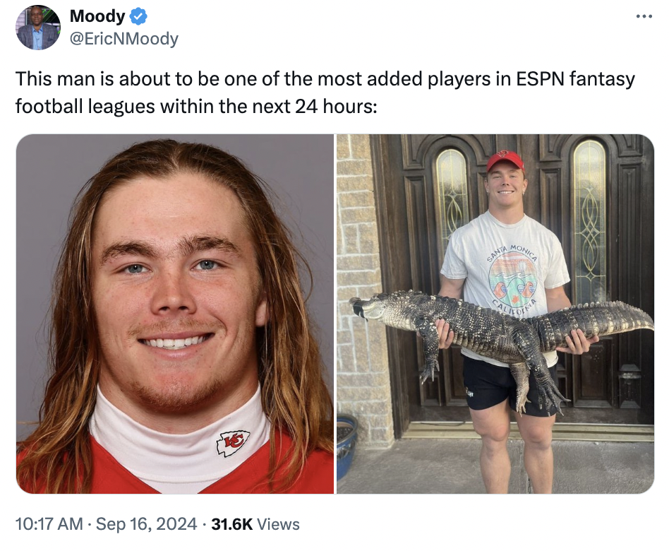 carson steele with alligator - Moody This man is about to be one of the most added players in Espn fantasy football leagues within the next 24 hours Views