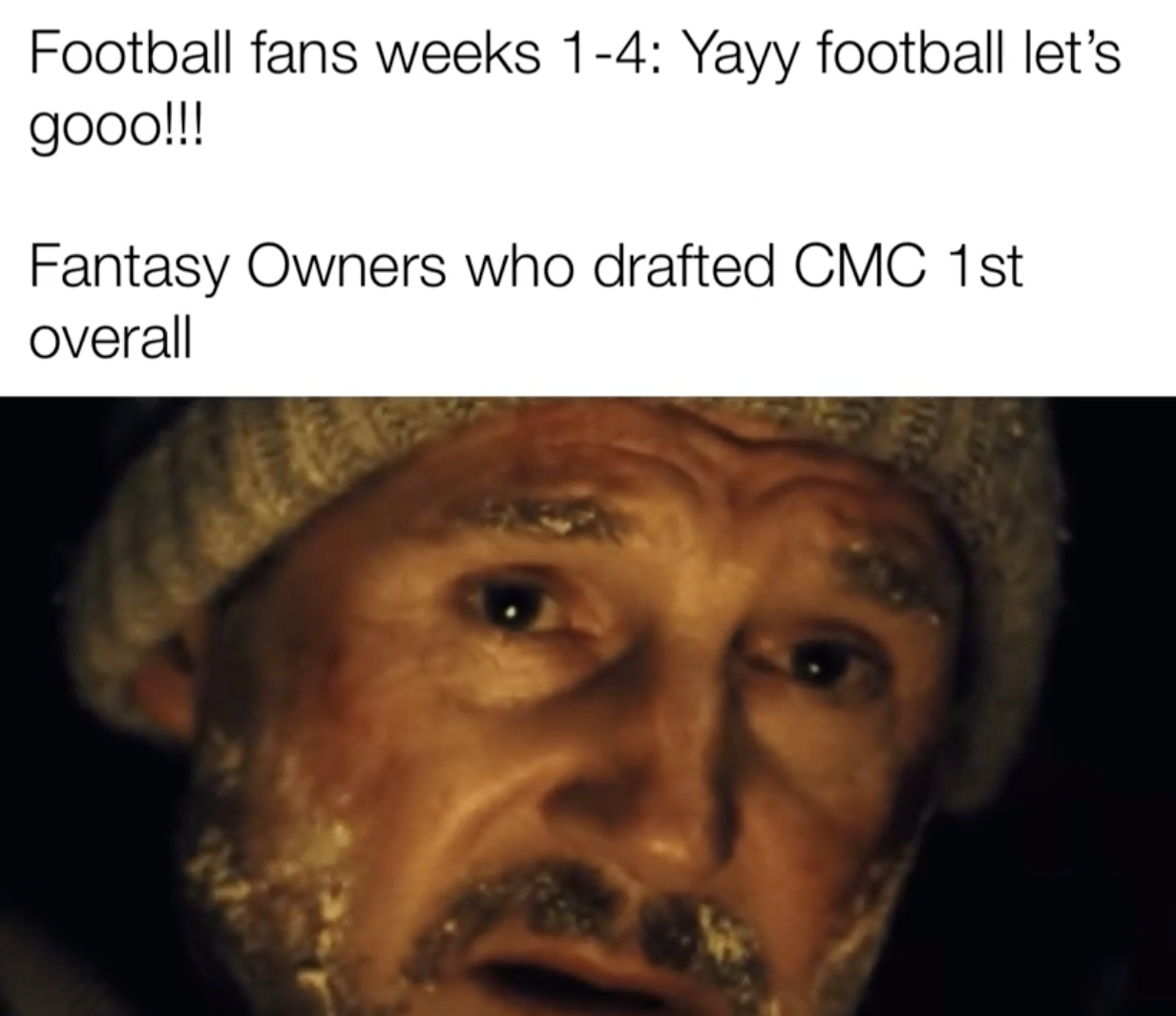 photo caption - Football fans weeks 14 Yayy football let's gooo!!! Fantasy Owners who drafted Cmc 1st overall