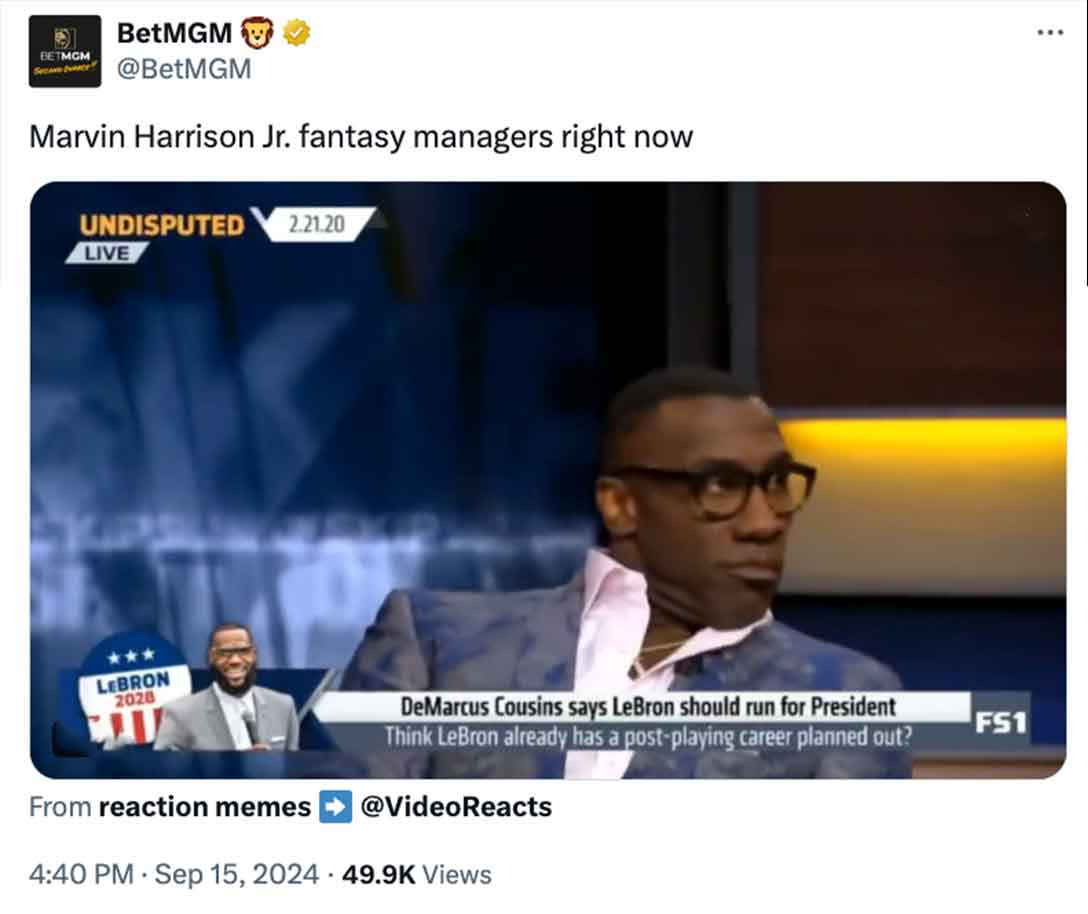 animation - Betmgm BetMGM Marvin Harrison Jr. fantasy managers right now Undisputed 2.21.20 Live Lebron 2028 DeMarcus Cousins says LeBron should run for President Think LeBron already has a postplaying career planned out? FS1 From reaction memes . Views