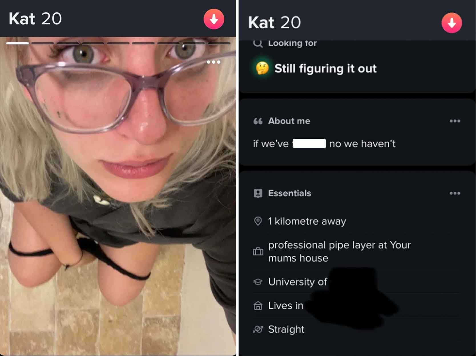 screenshot - Kat 20 Kat 20 Q Looking for Still figuring it out 66 About me if we've no we haven't Essentials 1 kilometre away professional pipe layer at Your mums house University of Lives in Straight 800 000