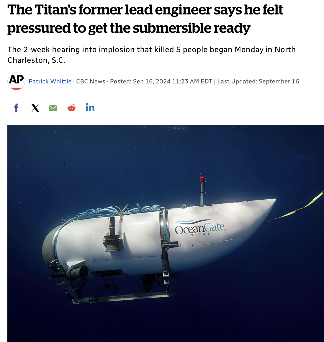 screenshot - The Titan's former lead engineer says he felt pressured to get the submersible ready The 2week hearing into implosion that killed 5 people began Monday in North Charleston, S.C. Ap Patrick Whittle Cbc News Posted Edt | Last Updated September 