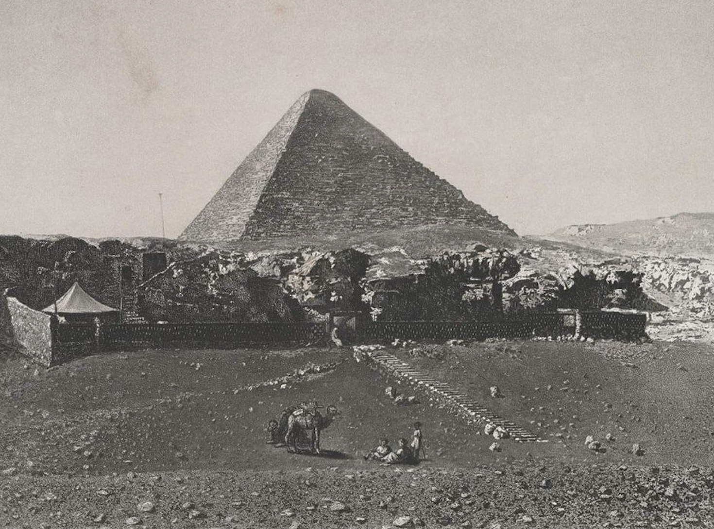 The Pyramid of Cheops in Giza, 1839. One of the earliest photos in Africa, and the first of the pyramids. Taken by Horace Vernet and Frédéric Goupil-Fesquet.