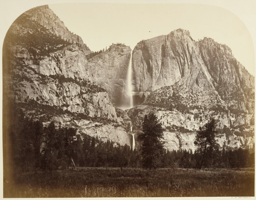 One of the earliest photos of Yosemite Falls in 1861, by Carleton Watkins.