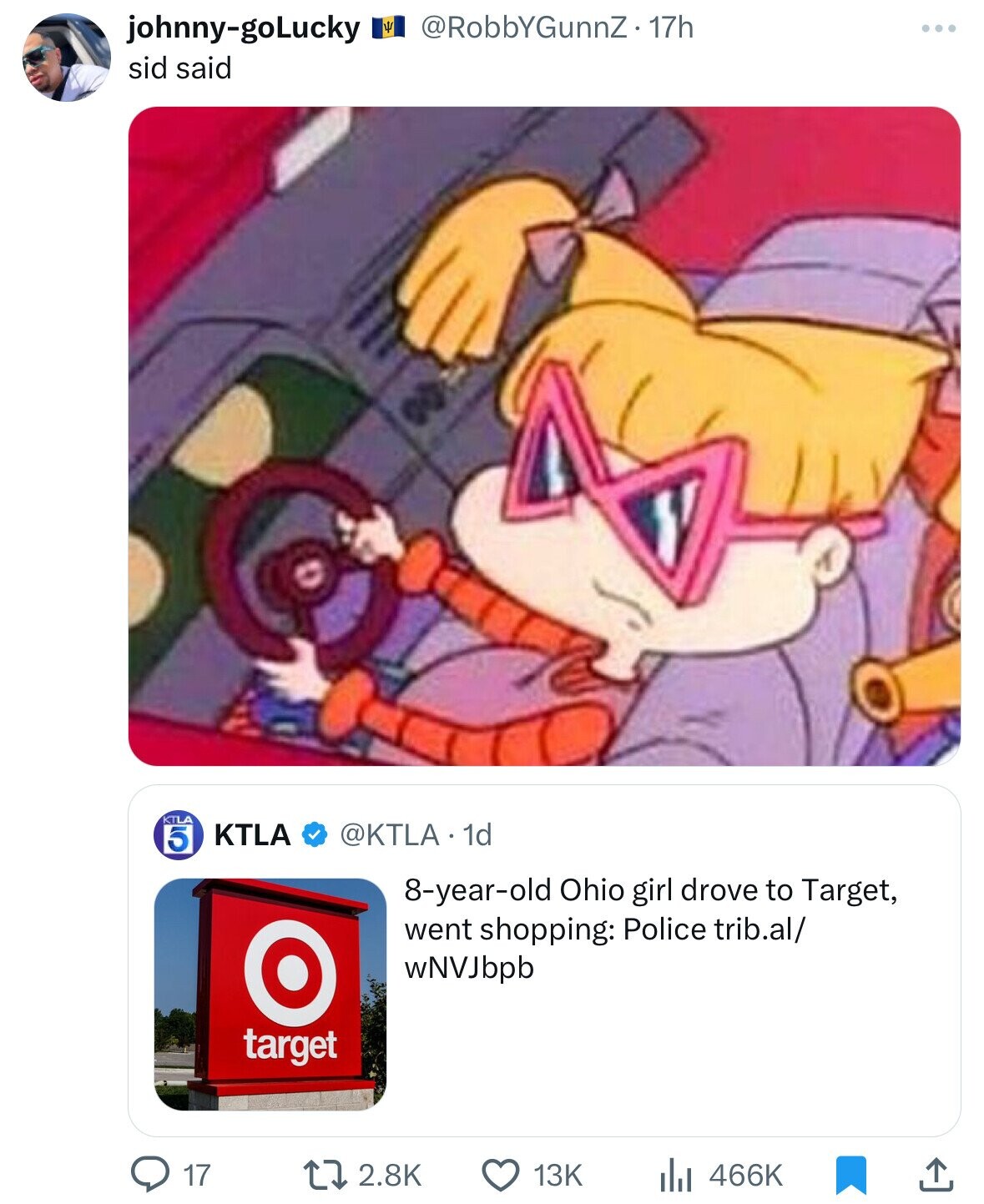 Cartoon - johnnygoLucky . 17h sid said Ktla 5 Ktla . 1d O target 8yearold Ohio girl drove to Target, went shopping Police trib.al wNVJbpb Q 17 13K ...