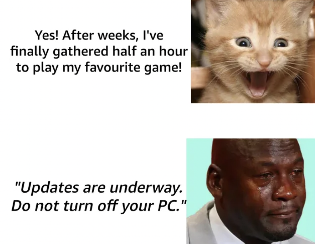 Meme - Yes! After weeks, I've finally gathered half an hour to play my favourite game! "Updates are underway. Do not turn off your Pc."