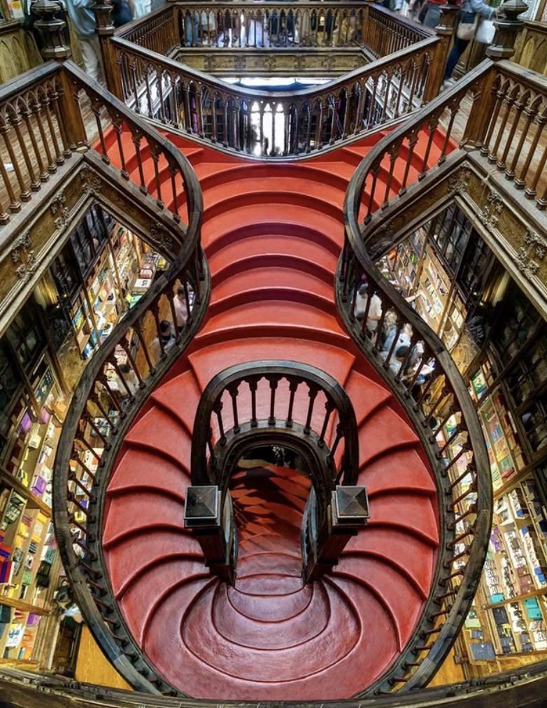 Staircase at Livraria Lello e Irmao, Porto, Portugal, built in 1906.