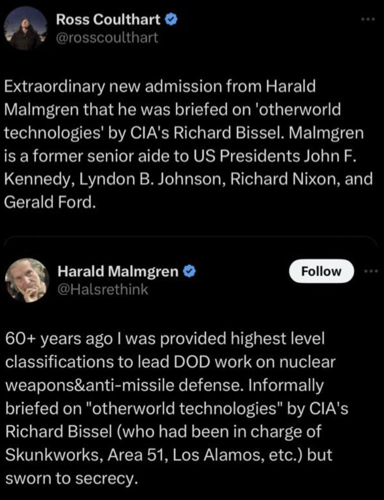 screenshot - Ross Coulthart Extraordinary new admission from Harald Malmgren that he was briefed on 'otherworld technologies' by Cia's Richard Bissel. Malmgren is a former senior aide to Us Presidents John F. Kennedy, Lyndon B. Johnson, Richard Nixon, and