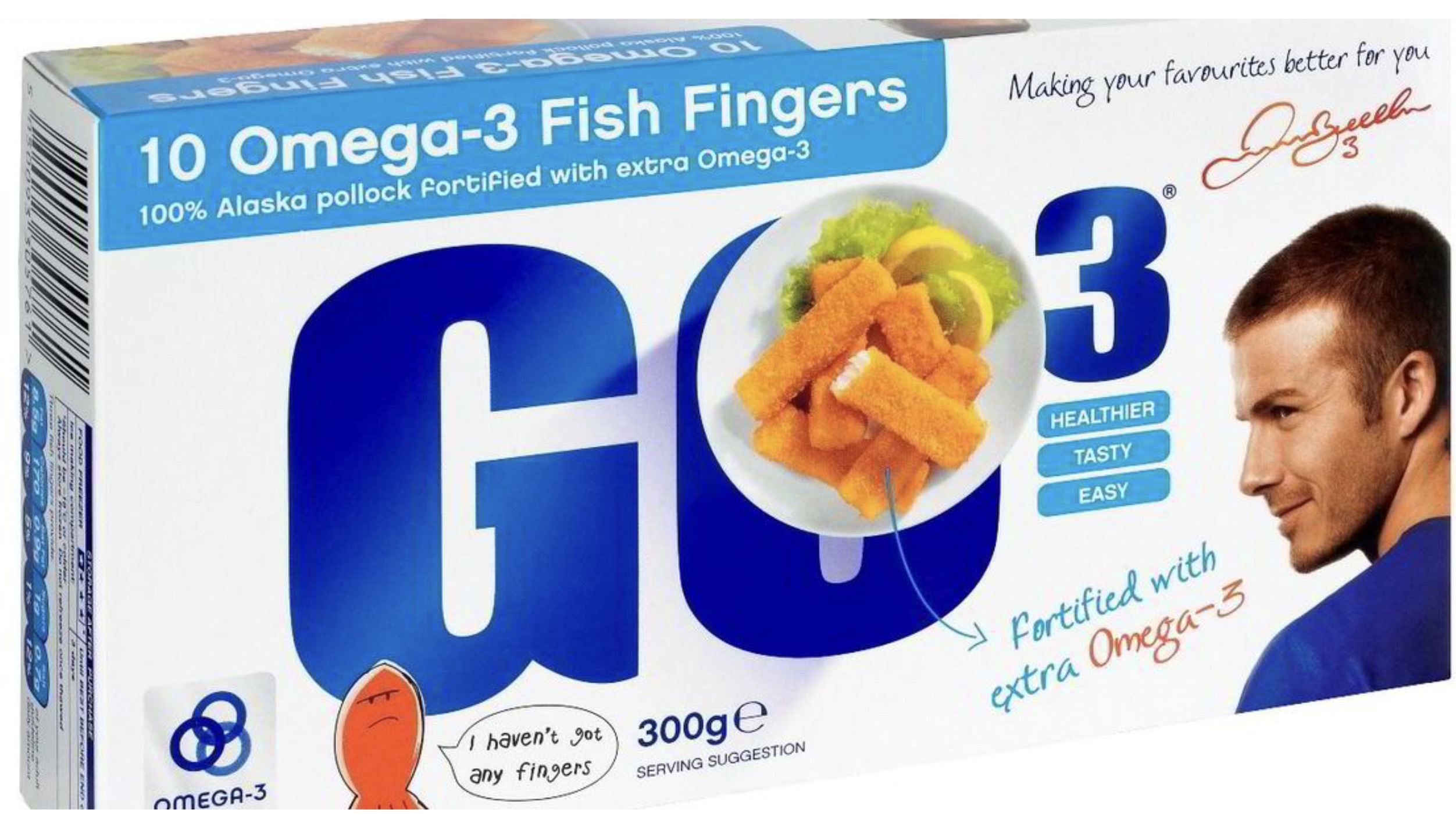 snack - 10 Omega3 Fish Fingers 100% Alaska pollock Fortified with extra Omega3 Omega3 Go I haven't got any fingers 300ge Serving Suggestion Making your favourites better for you 3 Healthier Tasty Easy Fortified with extra Omega3