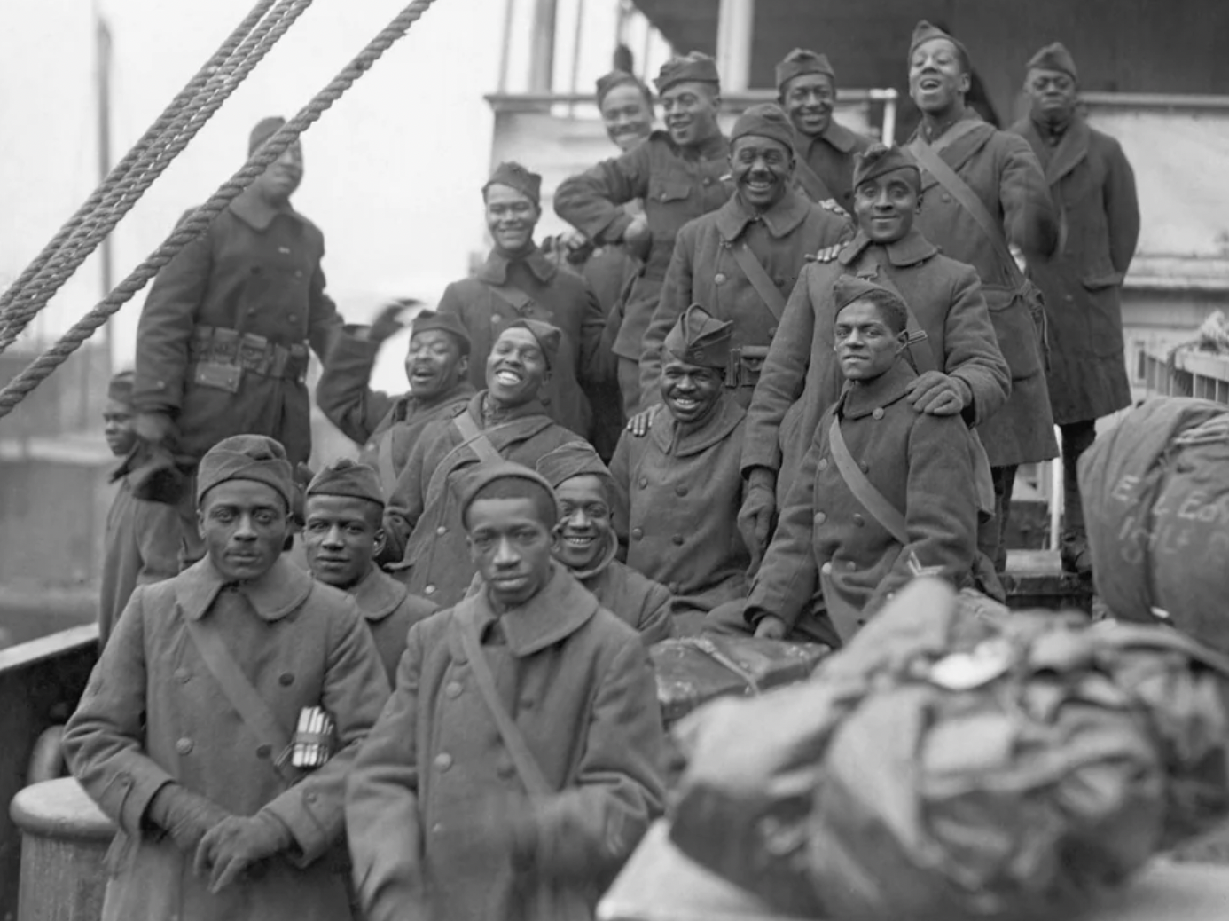 Members of the 369th Infantry Regiment arrive in New York after serving in World War I, 1918. 