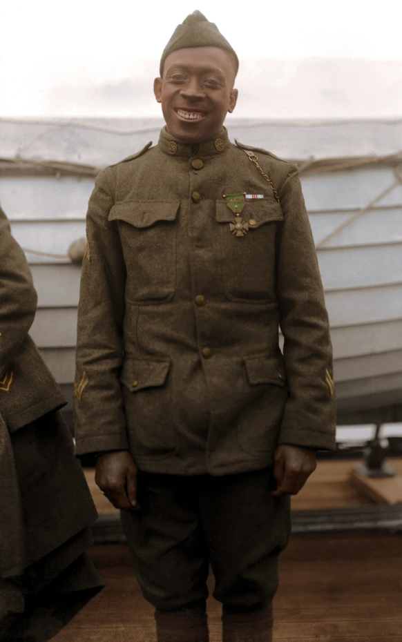 Sgt. Henry 'Black Death' Johnson of the 369th 'Harlem Hellfighters' poses wearing the Croix de Guerre, awarded for bravery in an outnumbered battle against German forces. He also received the Medal of Honor posthumously in 2015. 12th of February, 1919.