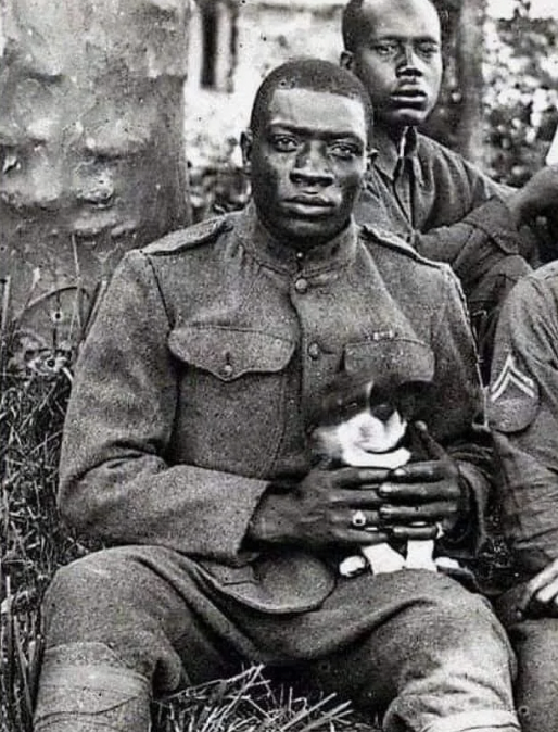 A member of the Harlem Hellfighters, holding a puppy he saved during World War 1, 1918.