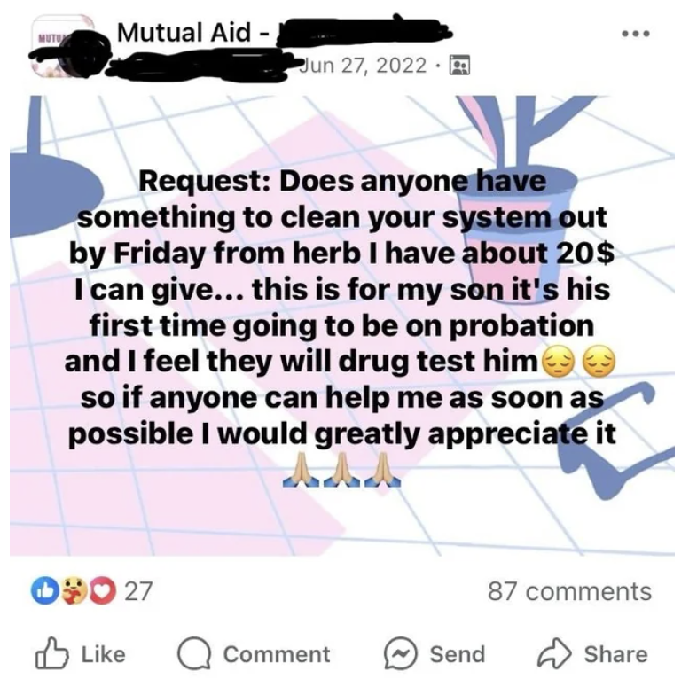 screenshot - Mutual Aid K Request Does anyone have something to clean your system out by Friday from herb I have about 20$ I can give... this is for my son it's his first time going to be on probation and I feel they will drug test him so if anyone can he