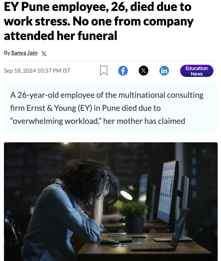 screenshot - Ey Pune employee, 26, died due to work stress. No one from company attended her funeral By Sanya Jain X Ist in Education News A 26yearold employee of the multinational consulting firm Ernst & Young Ey in Pune died due to "overwhelming workloa