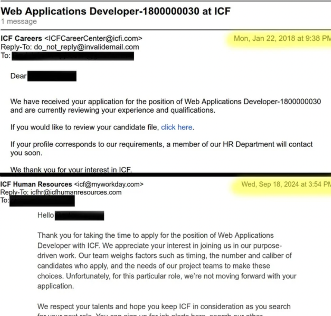 screenshot - Web Applications Developer1800000030 at Icf 1 message Icf Careers  To do_not_.com To Dear Mon, at We have received your application for the position of Web Applications Developer1800000030 and are currently reviewing your experience…