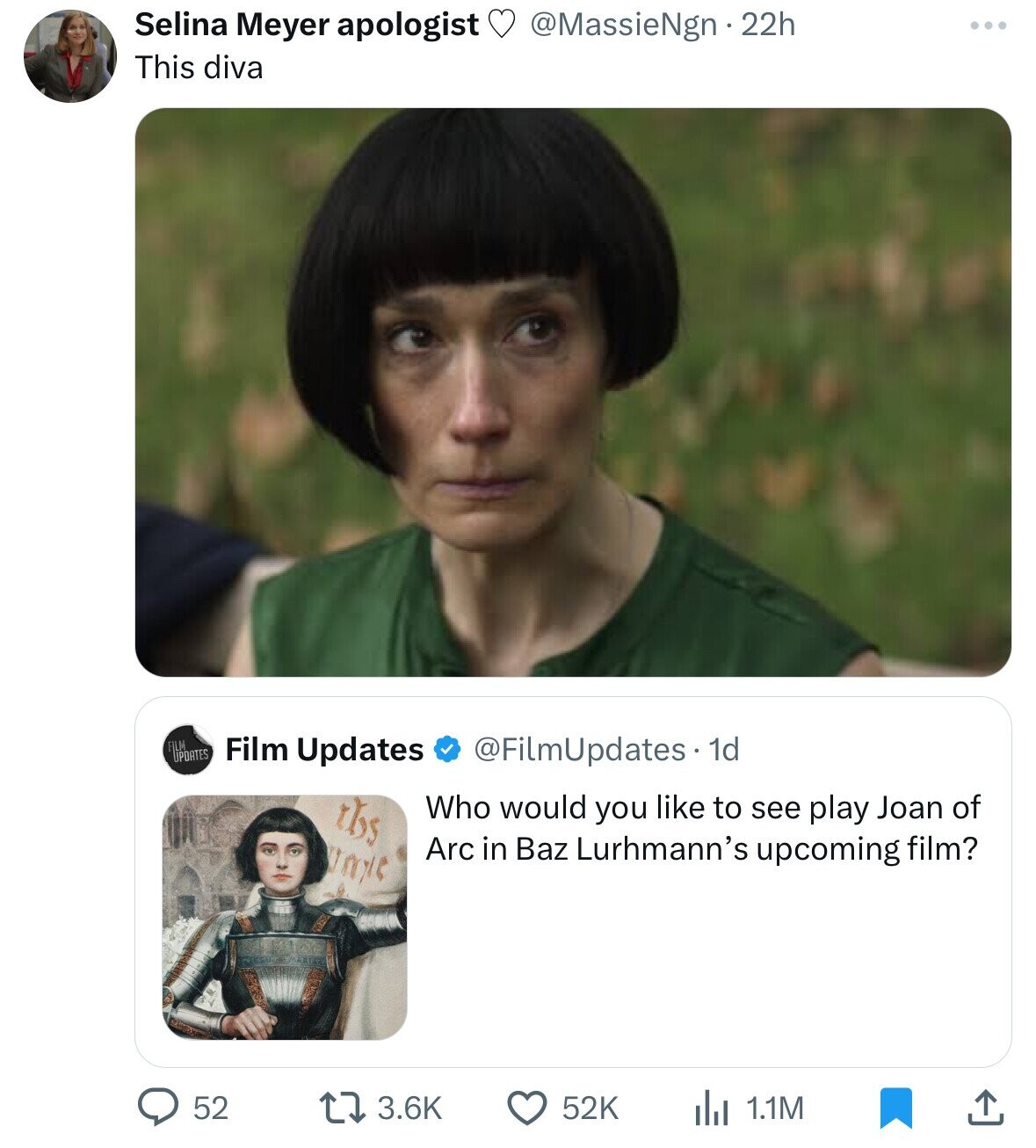 fleabag i look like a pencil - Selina Meyer apologist 22h This diva ... Updates Film Updates tbs Tayt 1d Who would you to see play Joan of Arc in Baz Lurhmann's upcoming film? 52 17 52K ili 1.1M