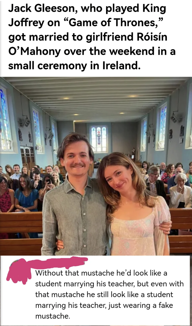 photo caption - Jack Gleeson, who played King Joffrey on "Game of Thrones," got married to girlfriend Risn O'Mahony over the weekend in a small ceremony in Ireland. Without that mustache he'd look a student marrying his teacher, but even with that mustach