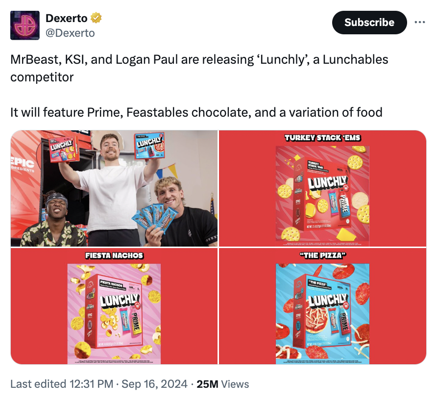 online advertising - Dexerto Subscribe MrBeast, Ksi, and Logan Paul are releasing 'Lunchly', a Lunchables competitor It will feature Prime, Feastables chocolate, and a variation of food Epic Lunchly Fiesta Nachos 6 Ho Lunchly Prime Turkey Stack 'Ems Last 