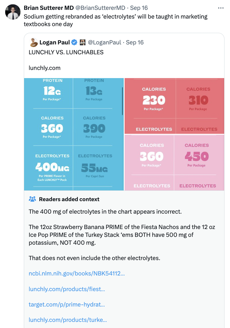 web page - Brian Sutterer Md Sep 16 Sodium getting rebranded as 'electrolytes' will be taught in marketing textbooks one day Logan Paul LoganPaul Sep 16 Lunchly Vs. Lunchables lunchly.com Protein Proten 12c 13c Calories Calories 230 310 Calories Calories 