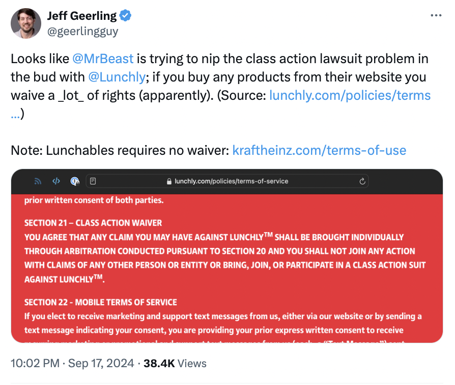 web page - Jeff Geerling Looks is trying to nip the class action lawsuit problem in the bud with ; if you buy any products from their website you waive a lot of rights apparently. Source lunchly.compoliciesterms ... Note Lunchables requires no waiver…