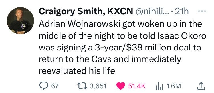 number - Craigory Smith, Kxcn .... 21h Adrian Wojnarowski got woken up in the middle of the night to be told Isaac Okoro was signing a 3year$38 million deal to return to the Cavs and immediately reevaluated his life 67 13,651 1.6M