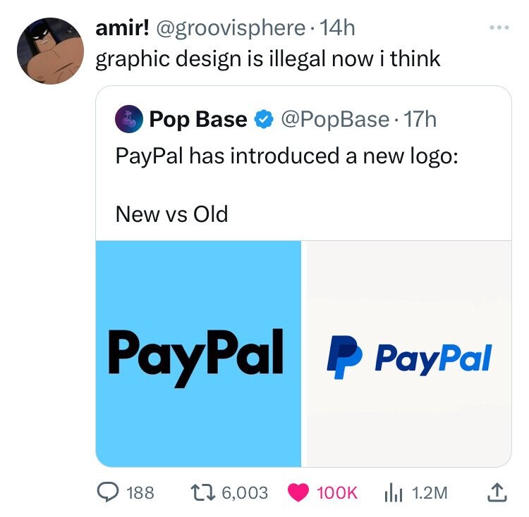 screenshot - amir! . 14h graphic design is illegal now i think Pop Base . 17h PayPal has introduced a new logo New vs Old P PayPal PayPal 188 17 6, ili 1.2M