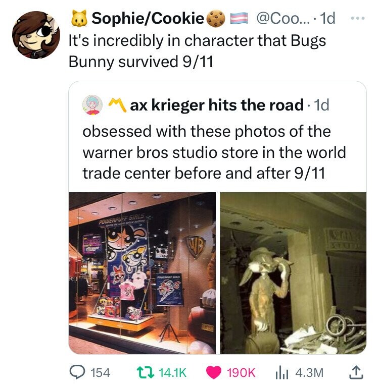 photo caption - SophieCookie .... 1d It's incredibly in character that Bugs Bunny survived 911 ax krieger hits the road. 1d obsessed with these photos of the warner bros studio store in the world trade center before and after 911 Powerpuff Girls 154 t lil